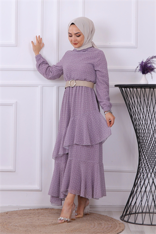 Kemerli Elbise Lila
