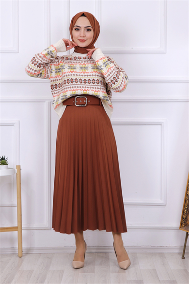 Kemerli Pliseli Etek Taba