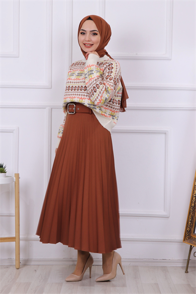 Kemerli Pliseli Etek Taba