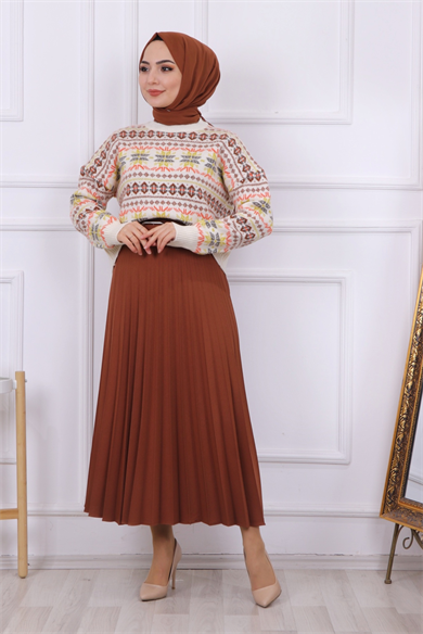 Kemerli Pliseli Etek Taba