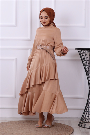Kemerli Saten Elbise -