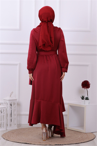 Kemerli Saten Elbise Bordo