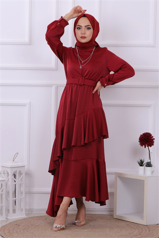Kemerli Saten Elbise Bordo