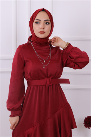 Kemerli Saten Elbise Bordo