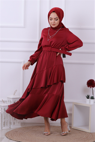 Kemerli Saten Elbise Bordo