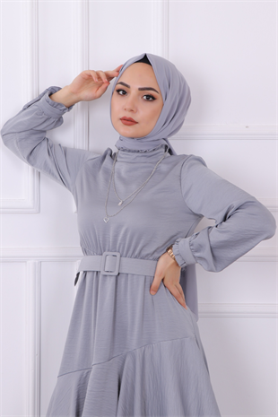 Kemerli Saten Elbise Gri
