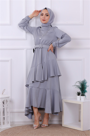 Kemerli Saten Elbise Gri