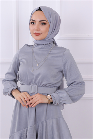 Kemerli Saten Elbise Gri