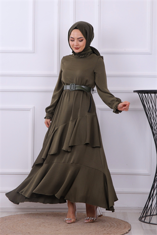 Kemerli Saten Elbise Haki Yeşili
