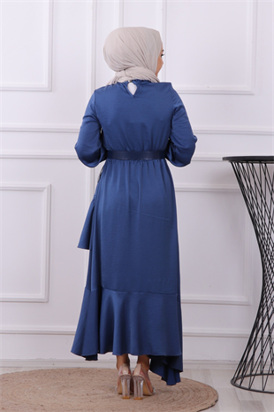 Kemerli Saten Elbise Lacivert