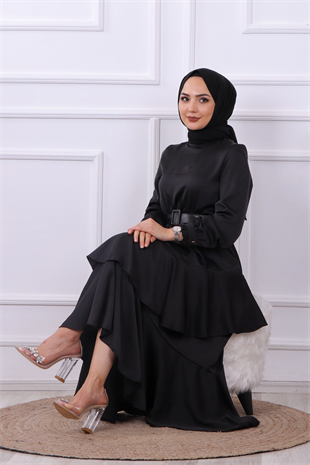 Kemerli Saten Elbise Siyah