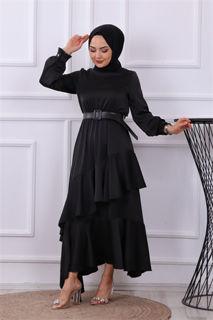 Kemerli Saten Elbise Siyah