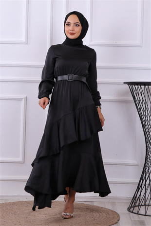 Kemerli Saten Elbise Siyah