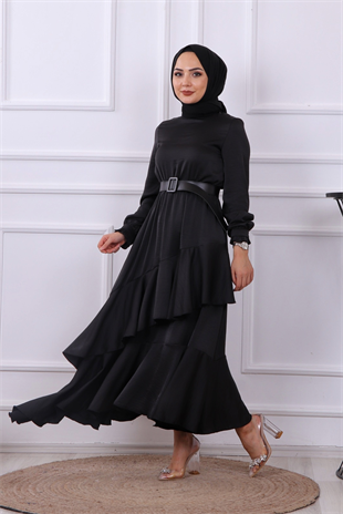 Kemerli Saten Elbise Siyah