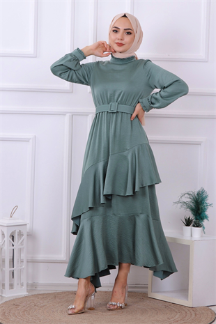 Kemerli Saten Elbise Yeşil