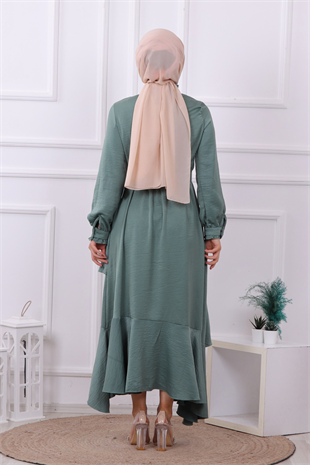 Kemerli Saten Elbise Yeşil