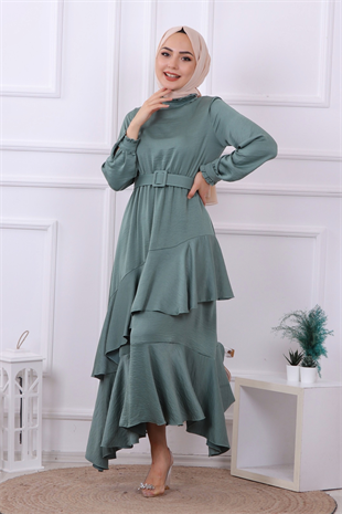Kemerli Saten Elbise Yeşil