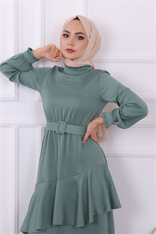 Kemerli Saten Elbise Yeşil