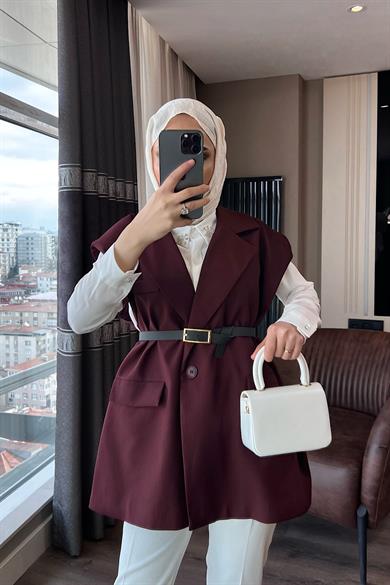 Kemerli Vatkalı Yelek Bordo
