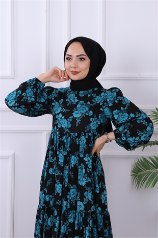 Kendi Siyah Üzeri Mavi Çicekli Elbise