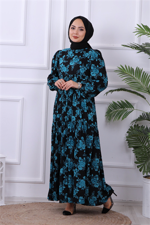 Kendi Siyah Üzeri Mavi Çicekli Elbise