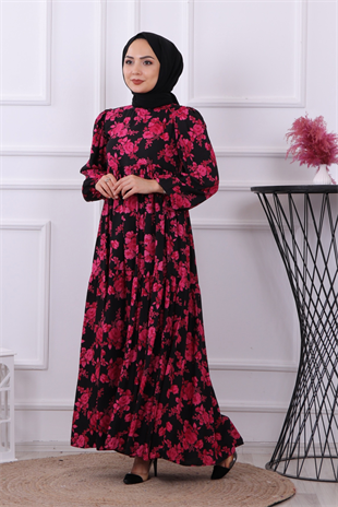 Kendi Siyah Üzeri Pembe Çicekli Elbise