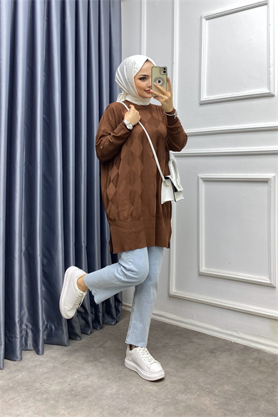 Kendinde Desenli Soğuk İplik Tunik Kahverengi