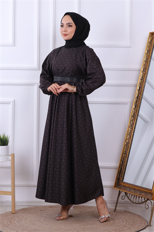 Kendinden Desenli Elbise Siyah