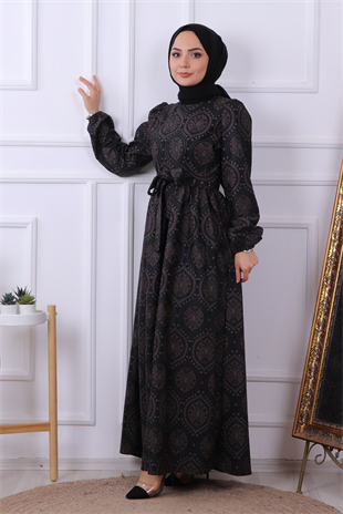 Kendinden Desenli Elbise Siyah