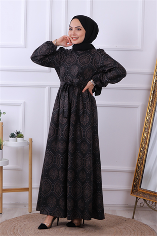 Kendinden Desenli Elbise Siyah