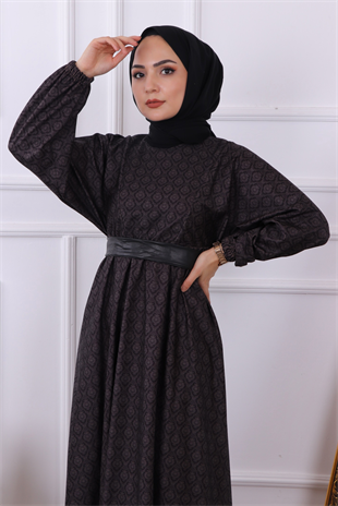 Kendinden Desenli Elbise Siyah