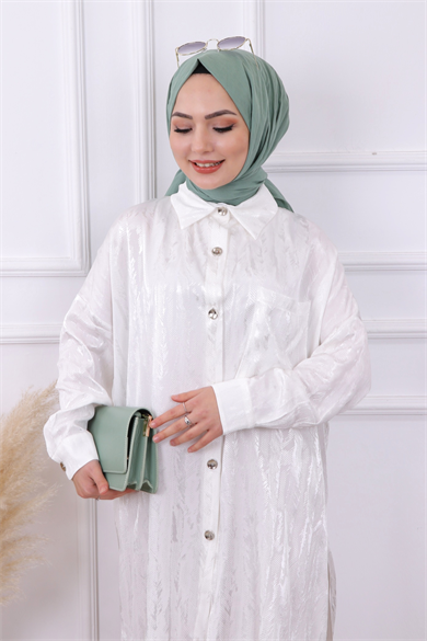 Kendinden Desenli Saten Tunik Beyaz