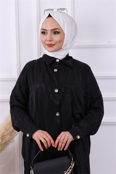Kendinden Desenli Saten Tunik Siyah