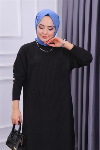 Kendinden Desenli Triko Tunik Siyah