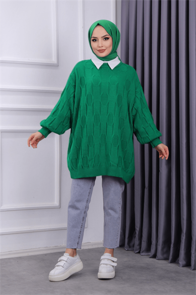 Kendinden Desenli Triko Tunik  Yeşil