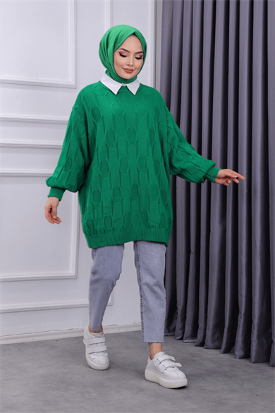 Kendinden Desenli Triko Tunik  Yeşil