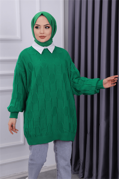 Kendinden Desenli Triko Tunik  Yeşil