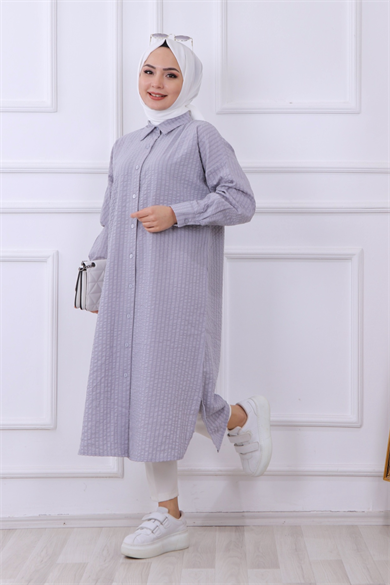 Kendinden Desenli Tunik Gri