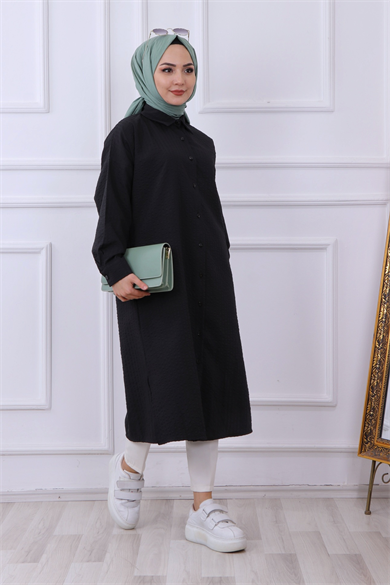 Kendinden Desenli Tunik Siyah