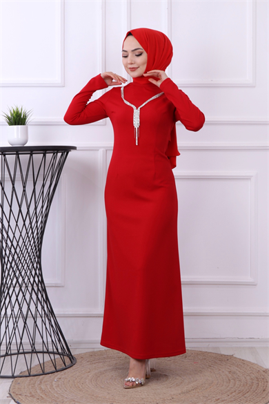 Kendinden Kolyeli Elbise Kırmızı