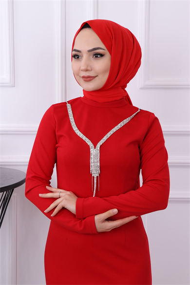 Kendinden Kolyeli Elbise Kırmızı