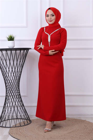 Kendinden Kolyeli Elbise Kırmızı