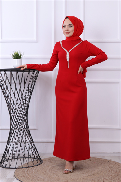 Kendinden Kolyeli Elbise Kırmızı