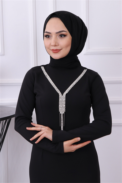 Kendinden Kolyeli Elbise Siyah