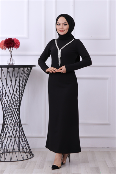 Kendinden Kolyeli Elbise Siyah