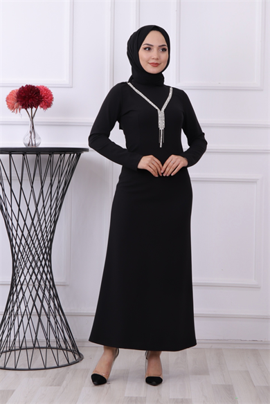 Kendinden Kolyeli Elbise Siyah