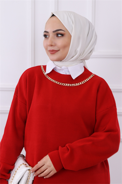 Kendinden Kolyeli Tunik Kırmızı