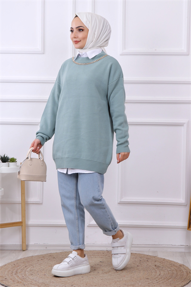 Kendinden Kolyeli Tunik Mint Yeşili
