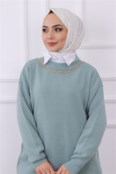 Kendinden Kolyeli Tunik Mint Yeşili