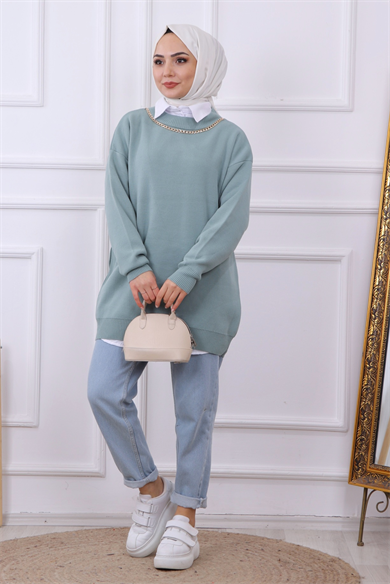 Kendinden Kolyeli Tunik Mint Yeşili